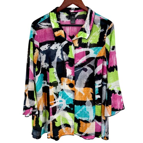 Ali Miles Tops - Ali Miles Sz Large Pink Black Tropical Wearable Art to Wear Blouse Shirt Top